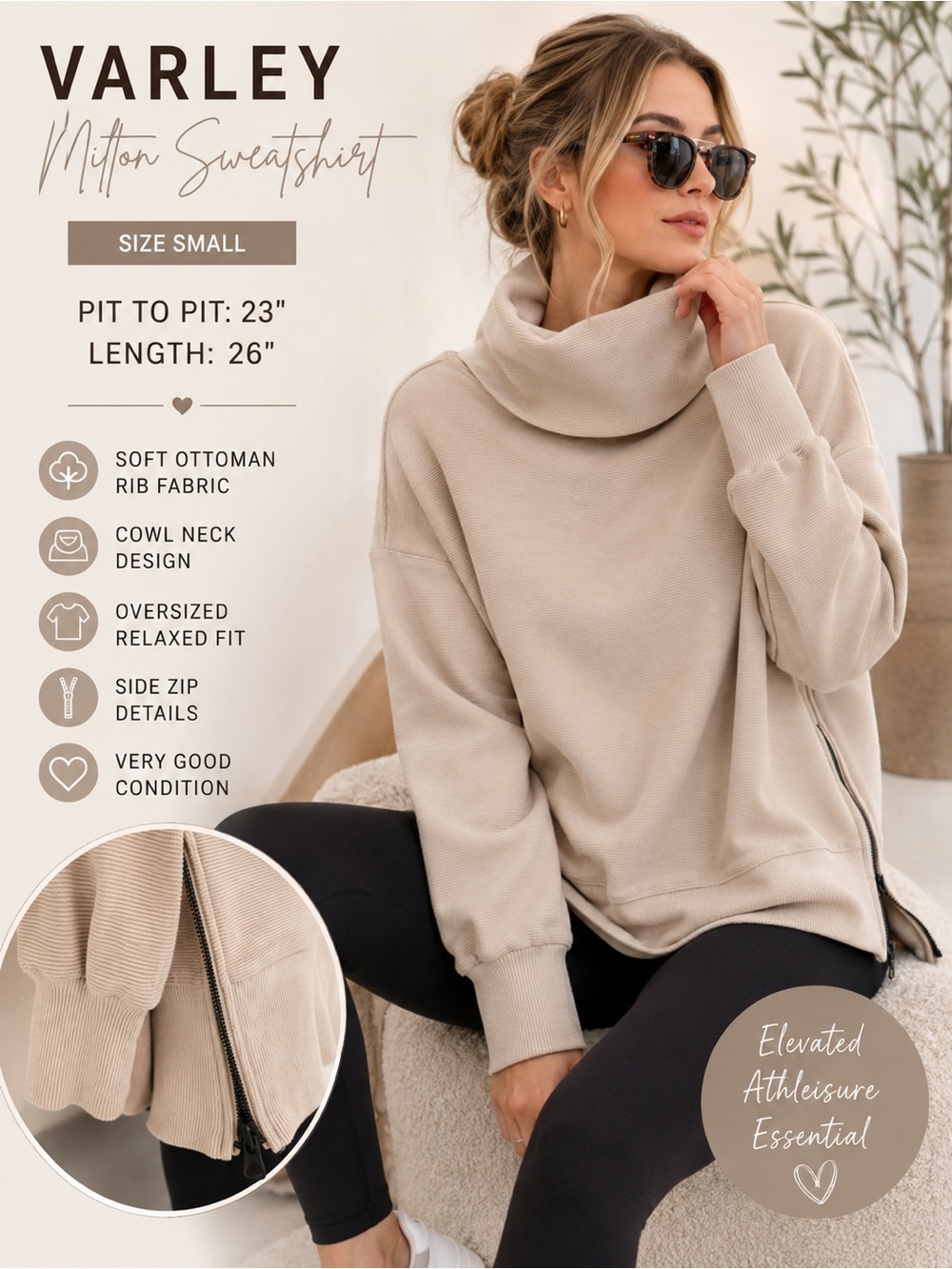 Varley Milton Sweatshirt Small Beige Ribbed Cowl Neck Side Zip Oversized